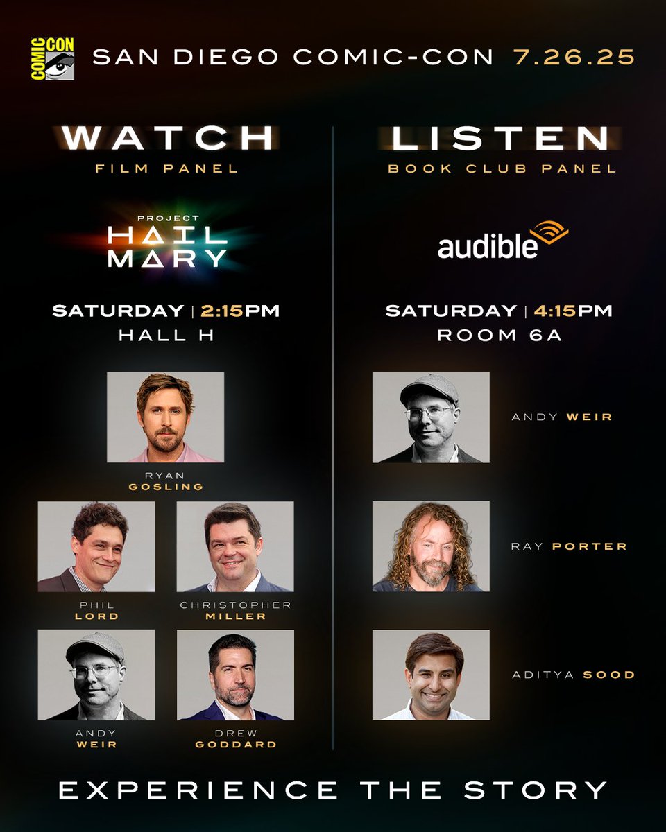 サンディエゴ・コミコンにて、7/26に映画『プロジェクト・ヘイル・メアリー』の＜ホールH＞パネルが開催されます！

豪華ゲストが登壇予定🔻
- ライアン・ゴズリング（主演）
- フィル・ロード＆クリストファー・ミラー（監督）
- アンディ・ウィアー（原作）
- ドリュー・ゴダード（脚本）
#SDCC2025