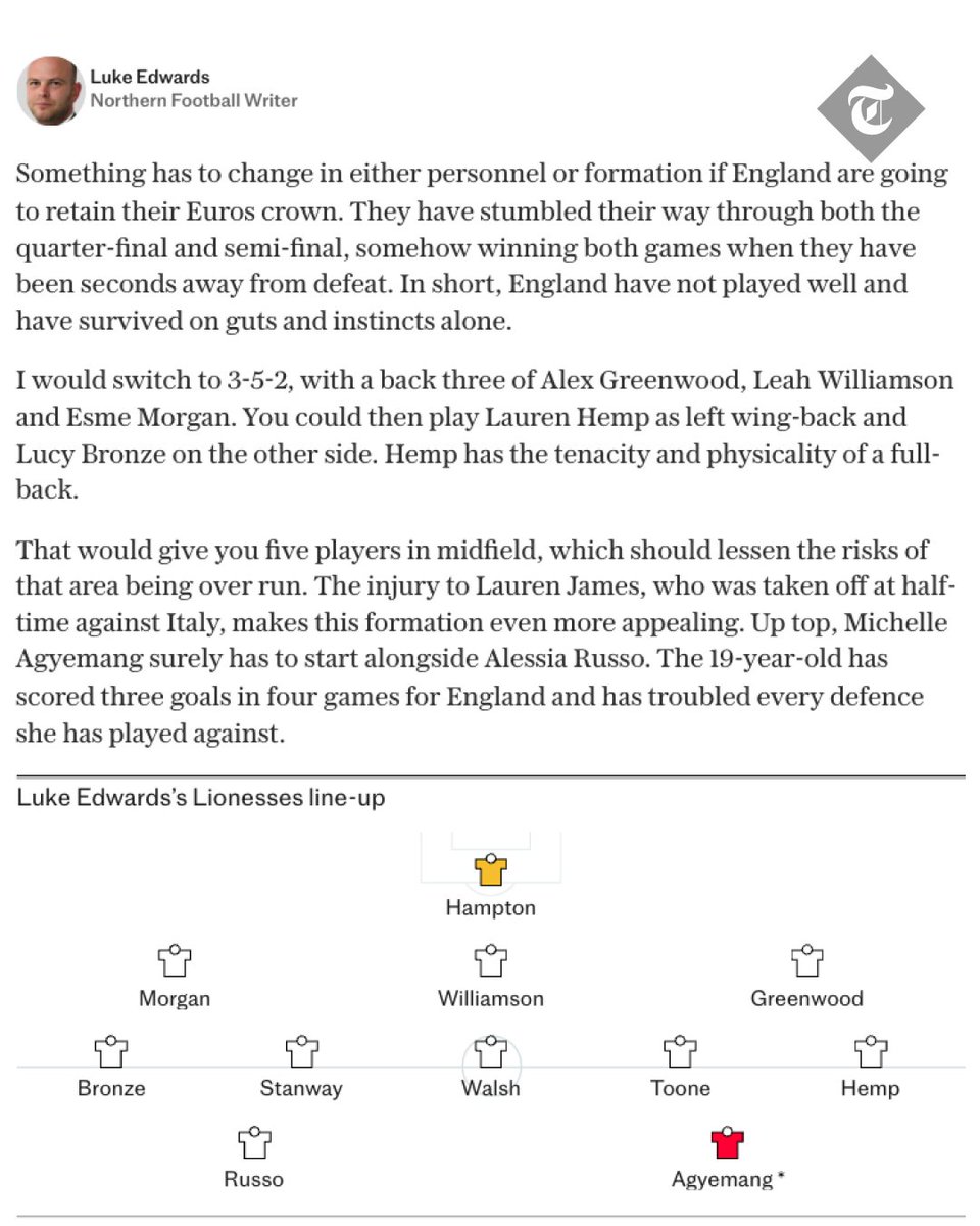 TeleFootball's tweet image. 🤔 Who should Sarina Wiegman pick in her starting XI for the #WEURO2025 final?
@LukeEdwardsTele has made his choice
See our experts' #Lionesses teams to face Spain below ⬇️
telegraph.co.uk/football/2025/…