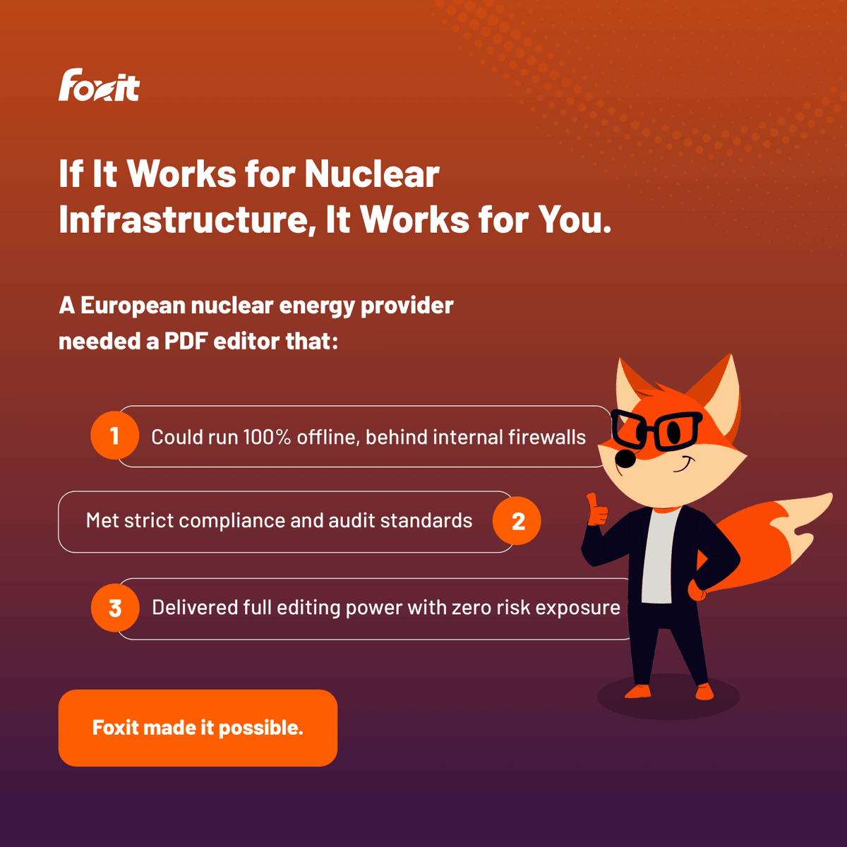 When it comes to industries with zero margin for error, only the best will do.

See how a Spanish energy provider leveraged offline PDF editing with the security, compliance, and document management tools they needed: foxit.com/resource-hub/c…