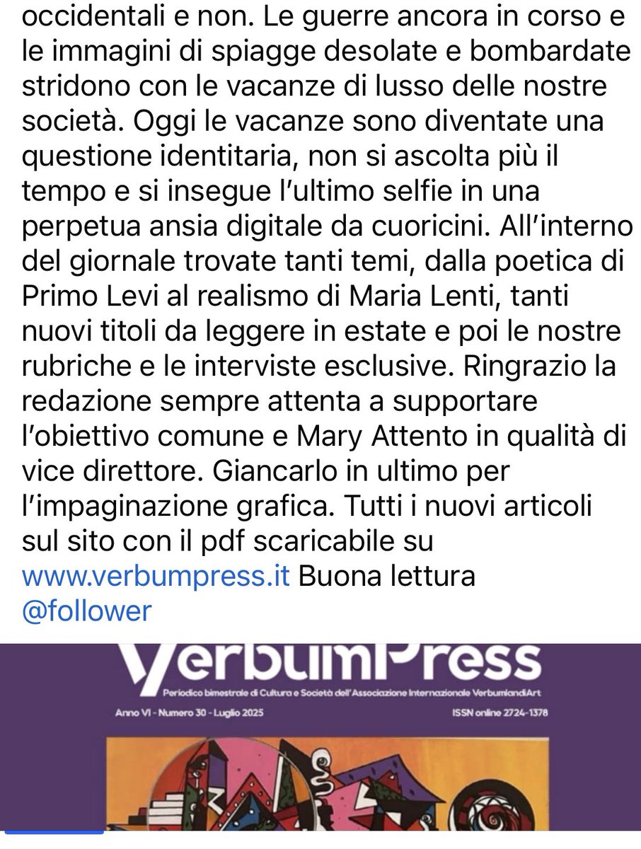 🌊SOLITARY BEACH
Online il n. 30. Trenta numeri sono un traguardo importante: il direttore <a href="/RobertoSciarr1/">Roberto Sciarrone</a> ringrazia Regina Resta per il progetto editoriale, la Redazione e <a href="/MaryAttento/">Mary Attento</a> in qualità di vicedirettrice. Articoli sul sito con pdf scaricabile su verbumpress.it
