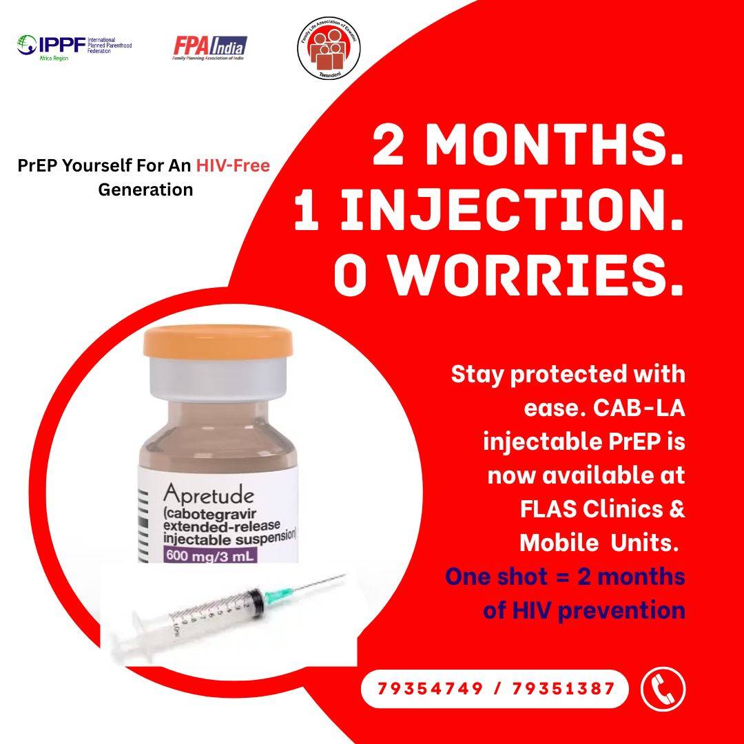 More choices, more power !. CAB-LA / Injectable PrEP is now available at all FLAS Clinics. PrEP Yourself For An HIV-Free Generation! #ChoosePrEP #GameChanger #Temndeni