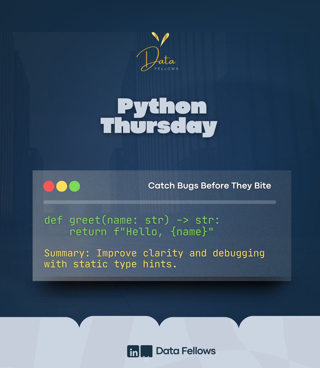 DatafellowsInfo's tweet image. Python type hints help your code talk back.
They tell you (and your tools) exactly what to expect — reducing bugs, boosting readability, and making collaboration smoother.
--
#Thursday #PythonTips #GMOs #DataFellows