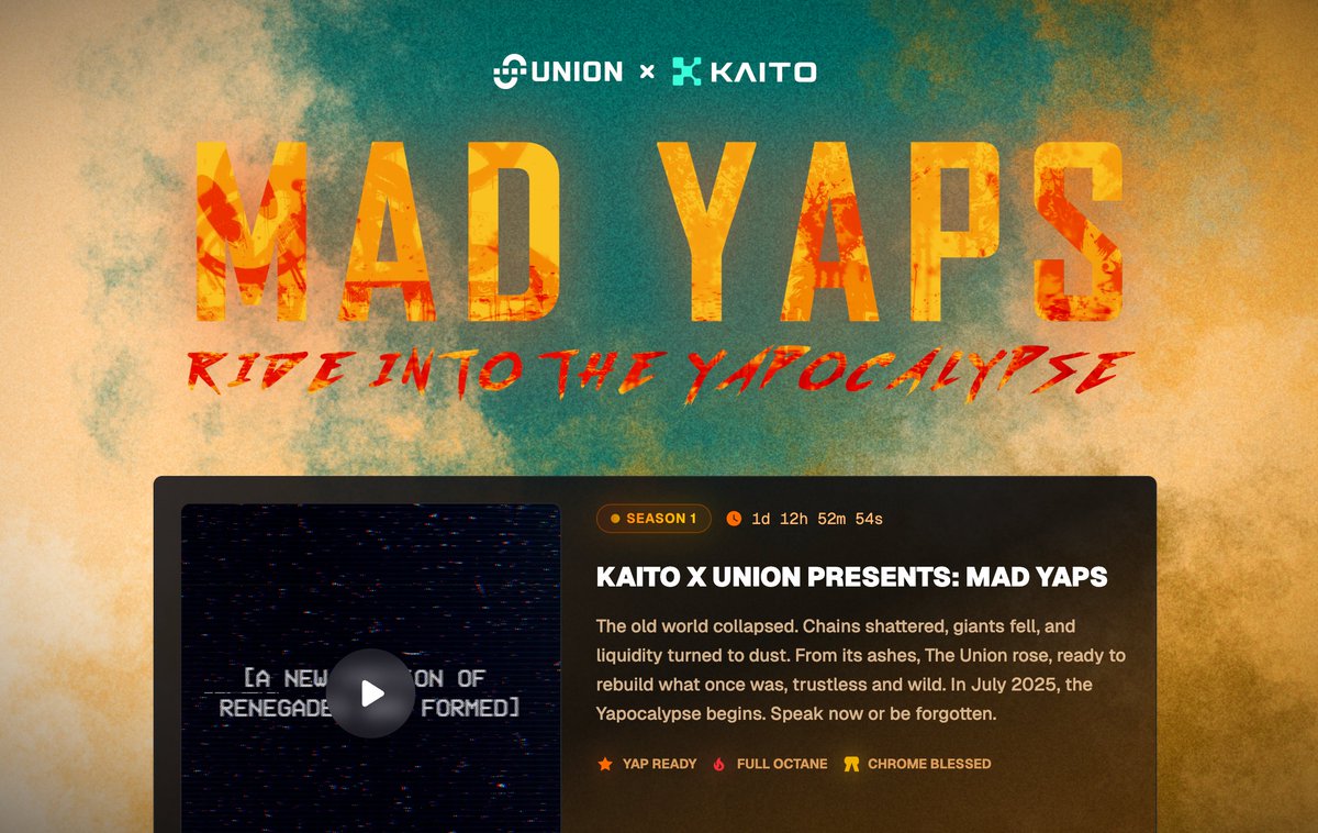 bojesomofawaz2's tweet image. MADYAPS: RIDE INTO THE YAPOCALYPSE.
&lt;----------&gt;
@KaitoAI x @union_build Presents: Mad Yaps
Welcome to Mad Yaps: Ride Into the Yapocalypse
&lt;----------&gt;
The chains shattered. Bridges turned to bone. Giants sank beneath ash, clutching the last shards of liquidity as the old…