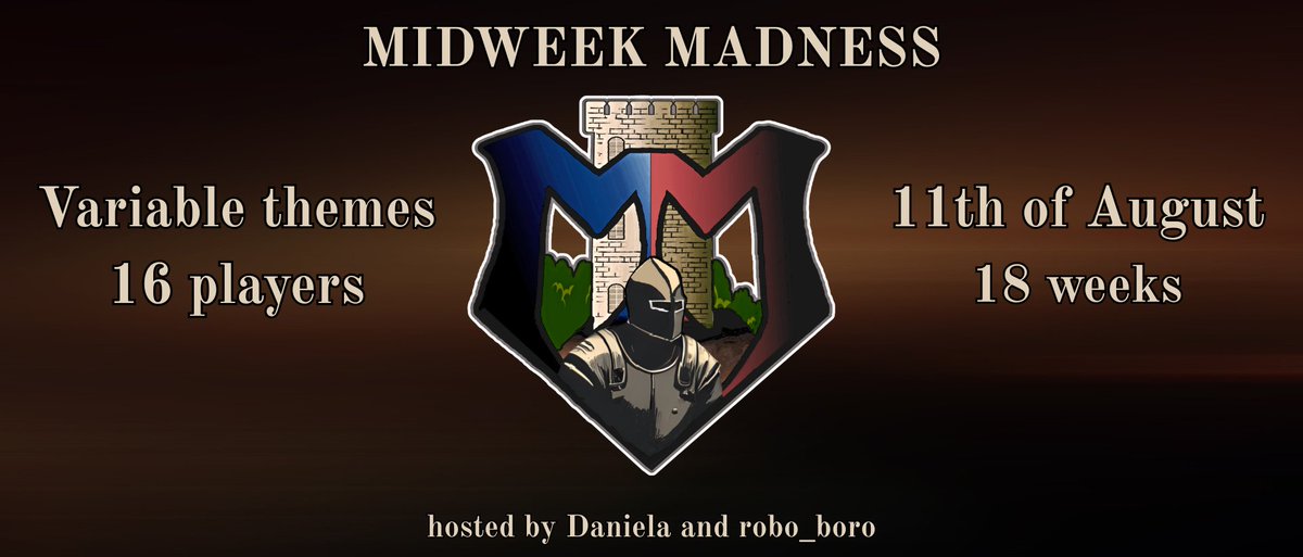 Presenting Midweek Madness, a weekly tournament organised by Daniela and robo_boro, aimed at the top players, 3 weeks per month, for the next 6 months, starting 11th of August.

The tournament format will start from Round of 16, with the possibility of increasing the number of