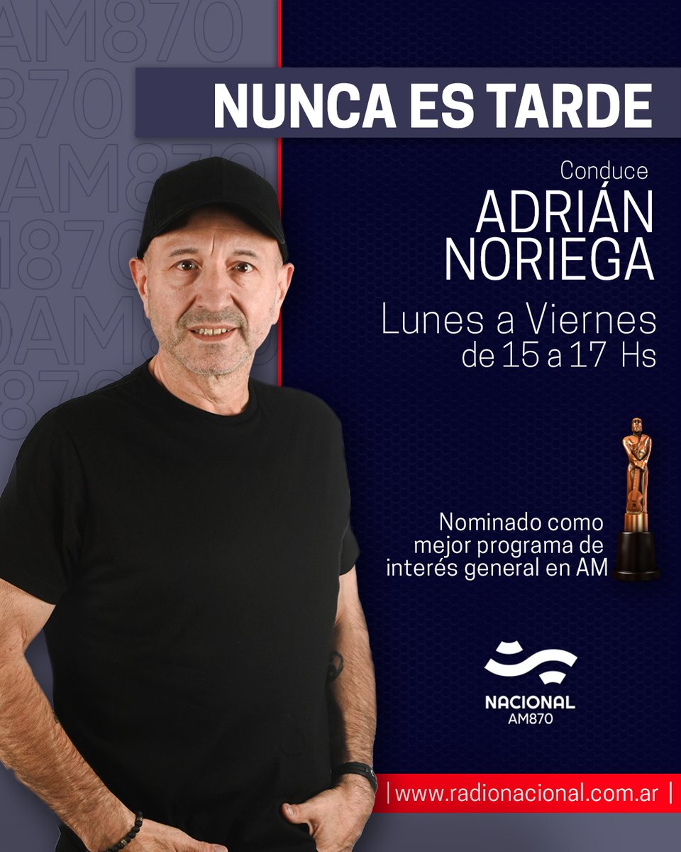 🎙️ AIRE

Escuchá #NuncaEsTarde, con <a href="/noriegaadrian/">Adrian Noriega</a>  y equipo.

Nominado al Premio Martín Fierro como Mejor Programa de Interés General en AM.

📱 youtube.com/@nacionalam870
📻 AM 870
💻 radionacional.com.ar