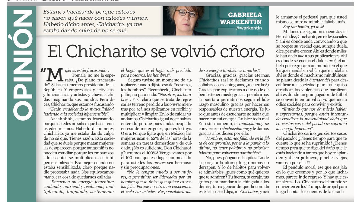 Mi querida y admirada <a href="/warkentin/">Gabriela Warkentin</a> le hace regate y túnel, y le mete gol olímpico, al lamentable #ChicharitoHernández, con este brillante texto. O, simplemente, lo pone en su lugar.