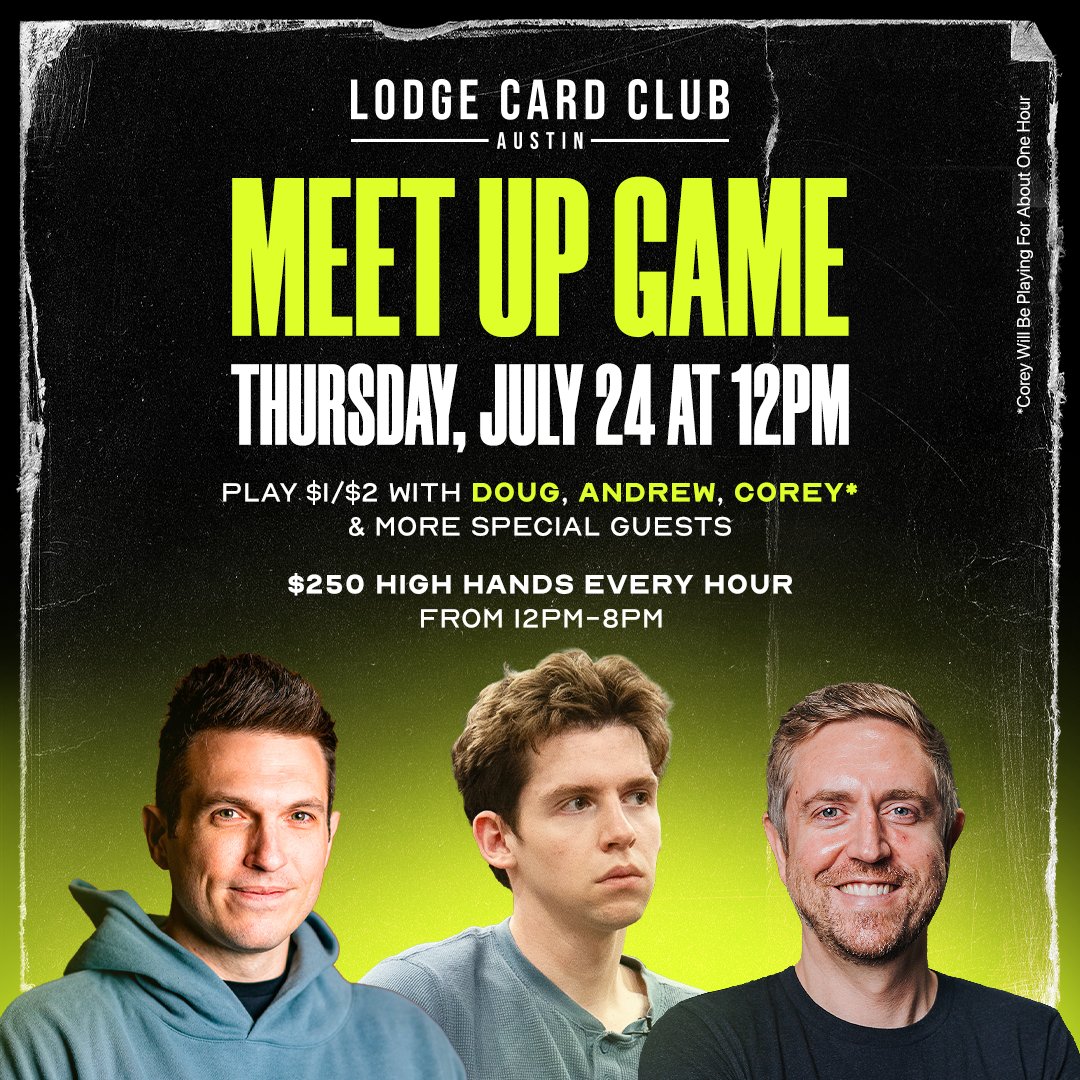 LodgePokerClub's tweet image. Today is the day at @LodgePokerATX!!!
$1/$2 Meet Up Game at Noon with @DougPolkVids, @andrewneeme, and @coreyeyring!
Special guests include @SkullMikePoker, Slick Rick, @ScruFFuR, @CinnabonPoker, and @PierPoker1!
$250 High Hand winners every hour from 12PM-8PM!