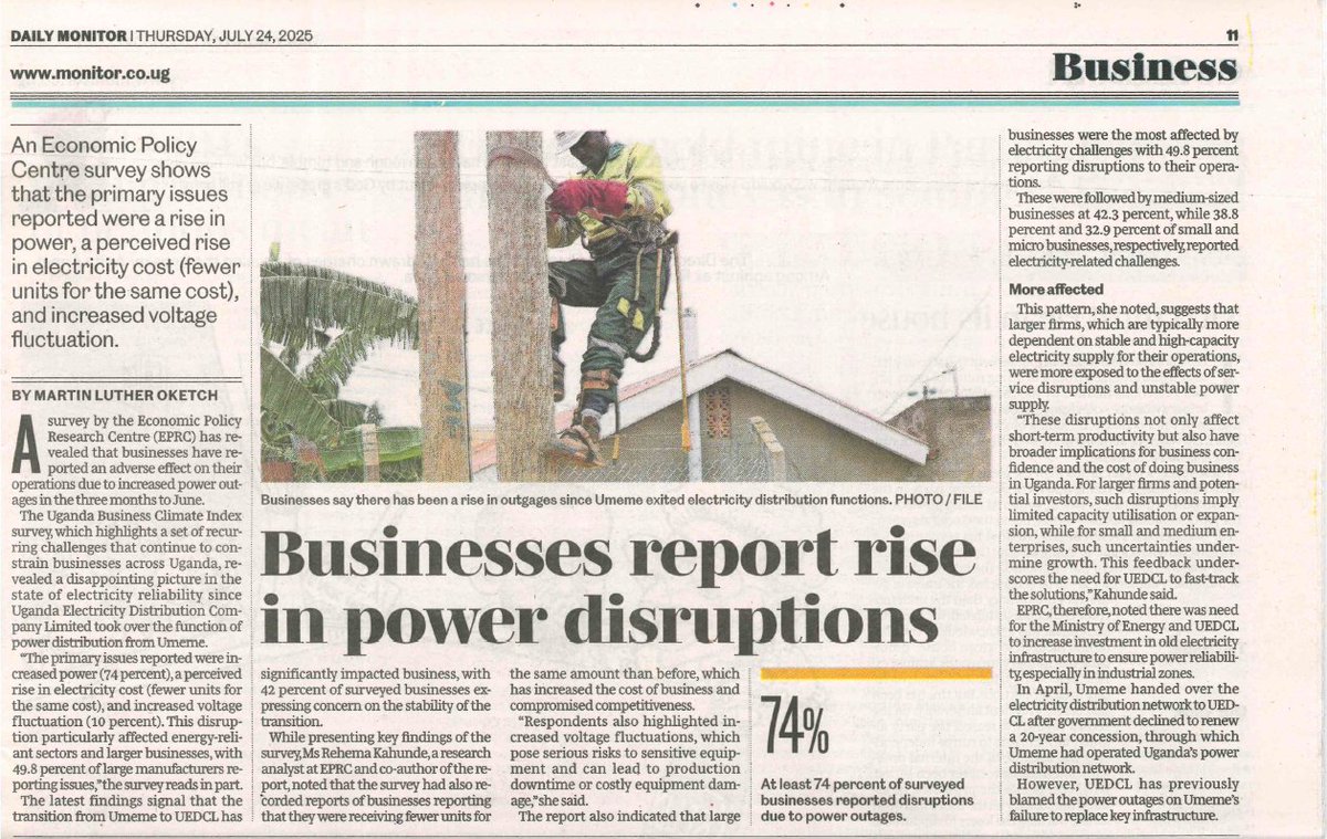 Our business climate survey for April to June noted concern over increased power disruptions. <a href="/DailyMonitor/">Daily Monitor</a> covers our report.