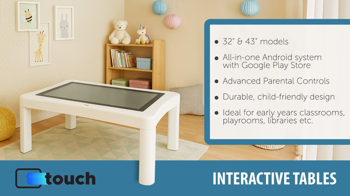 Now supplying 32" &amp; 43" T Touch interactive tables designed for children 2-10 yrs old - Ideal for nurseries, primary schools, libraries &amp; play centres.
☑️ Tough design
☑️ Built-in Android &amp; Educational apps
☑️ Advanced Parental Controls
Explore the range: bit.ly/3ILxYqZ