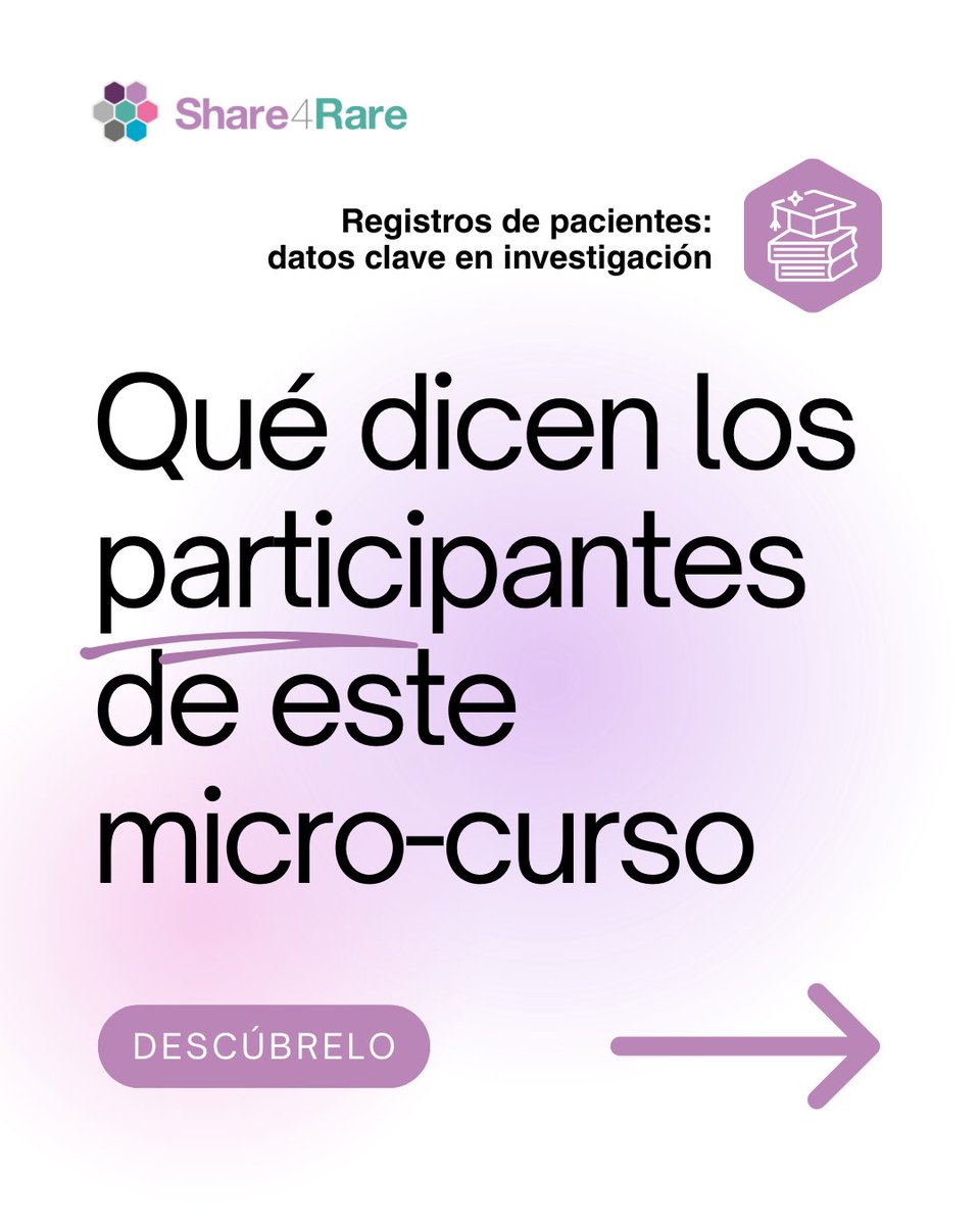 Share4Rare_es's tweet image. 🗣️ ¿Qué es lo que más gustó a los participantes de la primera edición del micro-curso "Los registros de pacientes: datos clave en investigación"?
👉 No te lo pienses más e inscríbete ahora a la segunda edición.
📅 ¡Tienes tiempo hasta el 13 de octubre!
ℹ️ mailchi.mp/share4rare/ins…
