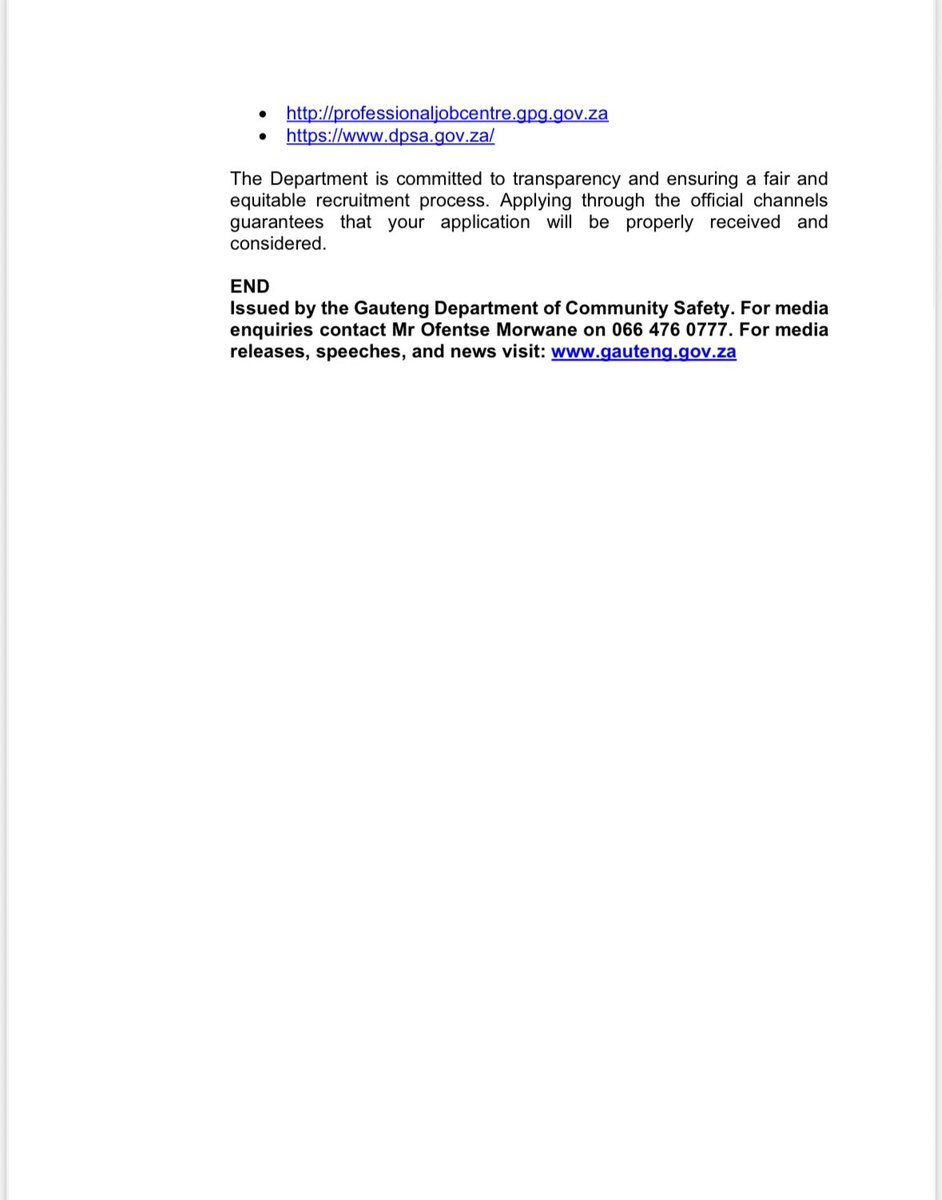 GP_CommSafety's tweet image. MEDIA STATEMENT| COMMUNITY SAFETY WARNS PUBLIC TO BE AWARE OF BOGUS
VACANCIES AND ILLEGITIMATE APPLICATION WEBSITES
#GrowingASaferGauteng