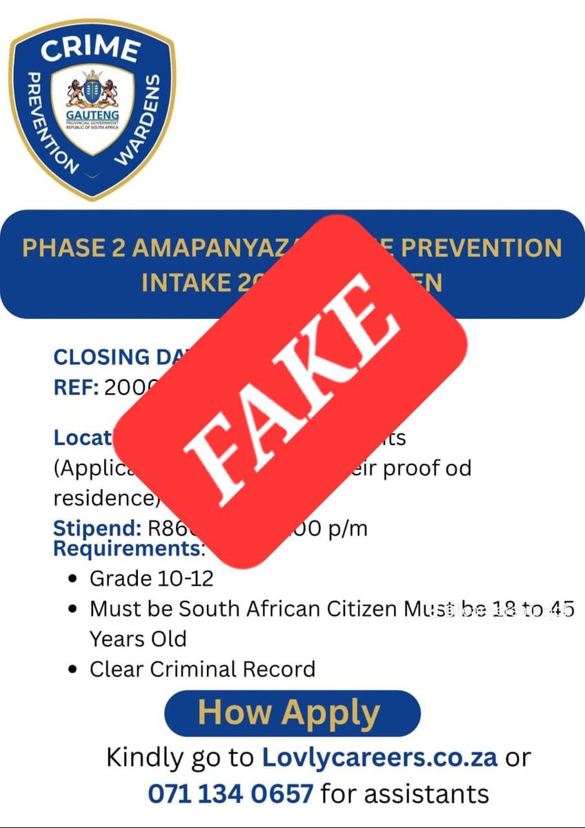 GP_CommSafety's tweet image. MEDIA STATEMENT| COMMUNITY SAFETY WARNS PUBLIC TO BE AWARE OF BOGUS
VACANCIES AND ILLEGITIMATE APPLICATION WEBSITES
#GrowingASaferGauteng