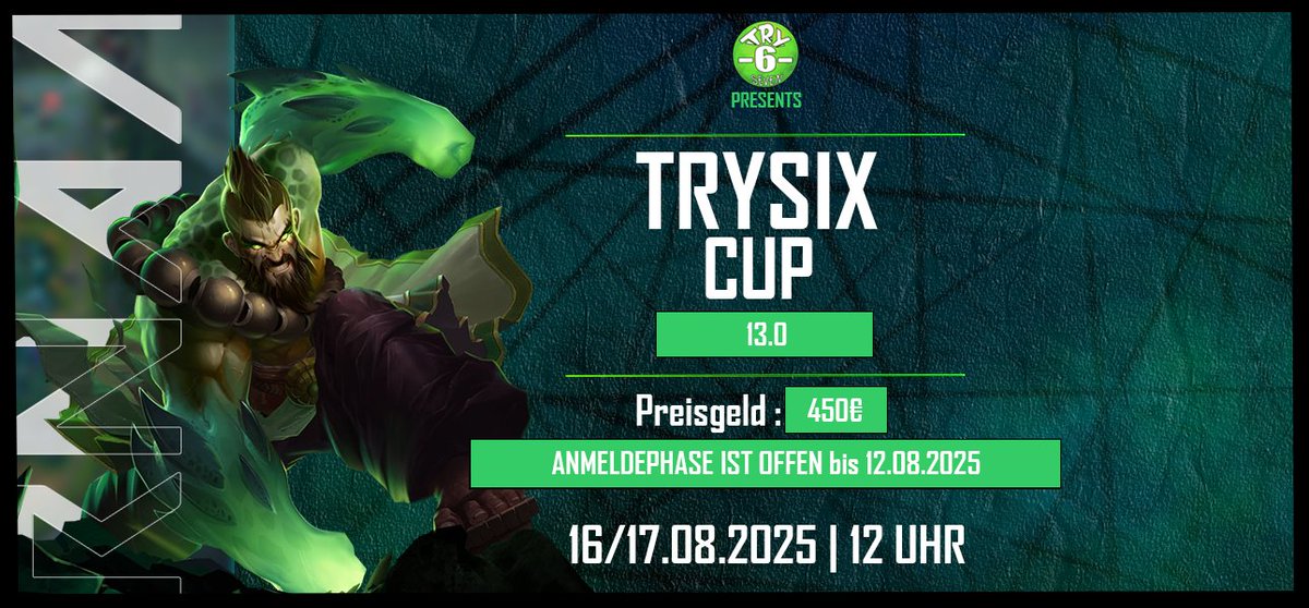 League of Legends Turnier
5v5 Kluft der Beschwörer
450€ Preisgeld

Moderiert und gecasted auf Twitch über 2 Tage ! 
Meldet euch jetzt an und klickt in meiner Bio auf die Seite für mehr Infos ! 

Anmeldung bis 12.08.2025 Möglich ! 
rt = wäre liebe &lt;3