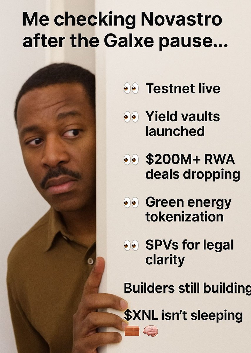 AlphaDecoded1's tweet image. Me checking Novastro after the Galxe pause…
👀 Testnet live
👀 Yield vaults launched
👀 $200M+ RWA deals dropping
👀 Green energy tokenization
👀 SPVs for legal clarity
👀 Scaling across Sui, Arbitrum, Solana
Builders still building.
$XNL isn’t sleeping
@Novastro_xyz