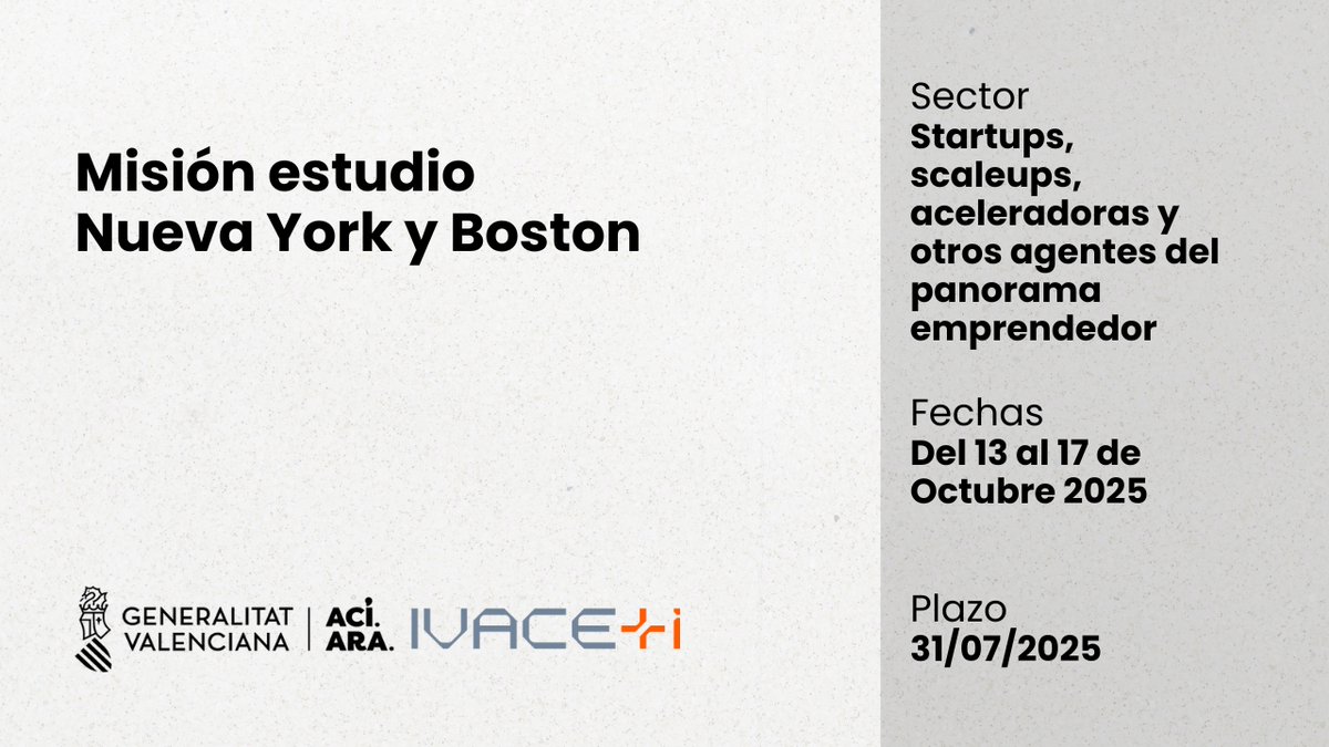 VLCIEcosystem's tweet image. ¿Tu startup quiere conectar con los ecosistemas tech líderes de EE.UU.? Del 13 al 17 de octubre, viaja con @IVACEint a Nueva York y Boston. Conoce aceleradoras, fondos y centros como MIT o Harvard.
Inscripciones hasta el 14/08. Más info: 96 120 95 83. intranet.internacional.ivace.es/web/registro_e…