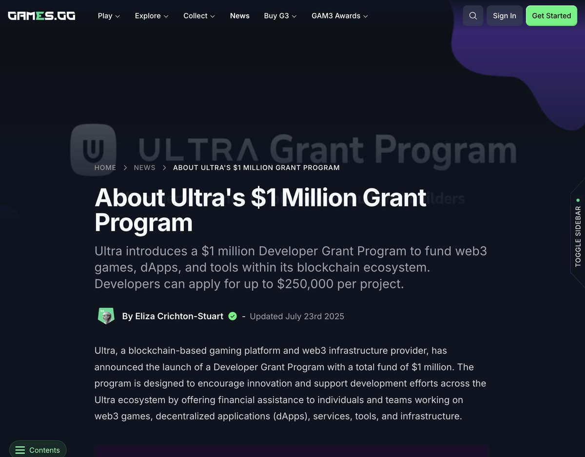 Fresh off the press. 

Our friends at <a href="/GAM3Sgg_/">GAM3S.GG</a> just covered Ultra's new grants program 💥 

“Developers can apply for up to $250,000 per project.” 

Catch the full story ⤵️