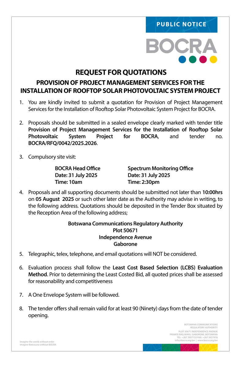 𝗥𝗘𝗤𝗨𝗘𝗦𝗧 𝗙𝗢𝗥 𝗤𝗨𝗢𝗧𝗔𝗧𝗜𝗢𝗡𝗦 

𝗣𝗥𝗢𝗩𝗜𝗦𝗜𝗢𝗡 𝗢𝗙 𝗣𝗥𝗢𝗝𝗘𝗖𝗧 𝗠𝗔𝗡𝗔𝗚𝗘𝗠𝗘𝗡𝗧 𝗦𝗘𝗥𝗩𝗜𝗖𝗘𝗦 𝗙𝗢𝗥 𝗧𝗛𝗘 𝗜𝗡𝗦𝗧𝗔𝗟𝗟𝗔𝗧𝗜𝗢𝗡 𝗢𝗙 𝗢𝗙 𝗥𝗢𝗢𝗙𝗧𝗢𝗣 𝗦𝗢𝗟𝗔𝗥 𝗣𝗛𝗢𝗧𝗢𝗩𝗢𝗟𝗧𝗔𝗜𝗖 𝗦𝗬𝗦𝗧𝗘𝗠 𝗣𝗥𝗢𝗝𝗘𝗖𝗧

#𝗕𝗢𝗖𝗥𝗔