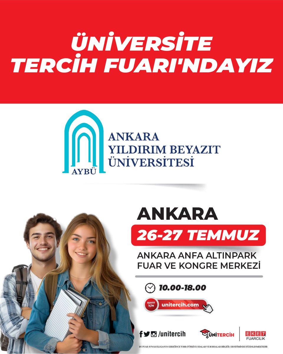 Ankara Yıldırım Beyazıt Üniversitesi (@ybuankara) on Twitter photo 📢 Üniversite tercih fuarları başladı.
📍Ankara Anfa Altınpark Fuar ve Kongre Merkezi
🗓 26-27 Temmuz 2025
🕙 10.00 - 18.00
<a href="/acengizkoseoglu/">Ali Cengiz Köseoğlu</a> 📢 Üniversite tercih fuarları başladı.
📍Ankara Anfa Altınpark Fuar ve Kongre Merkezi
🗓 26-27 Temmuz 2025
🕙 10.00 - 18.00
<a href="/acengizkoseoglu/">Ali Cengiz Köseoğlu</a>