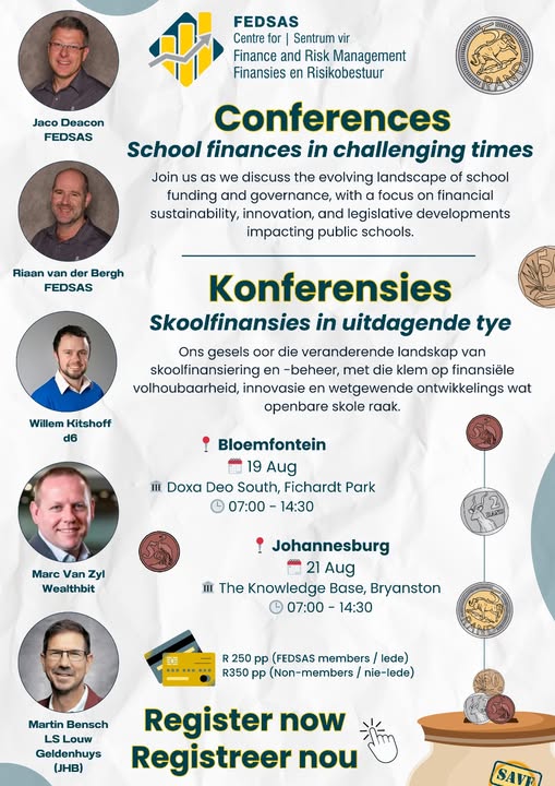 Join us at the FEDSAS Centre for Finance and Risk Management conferences this August! These one-day events are packed with insights and practical advice for managing school finances under pressure.

🔗 Book your spot now!
bit.ly/FEDSAS_Finance…