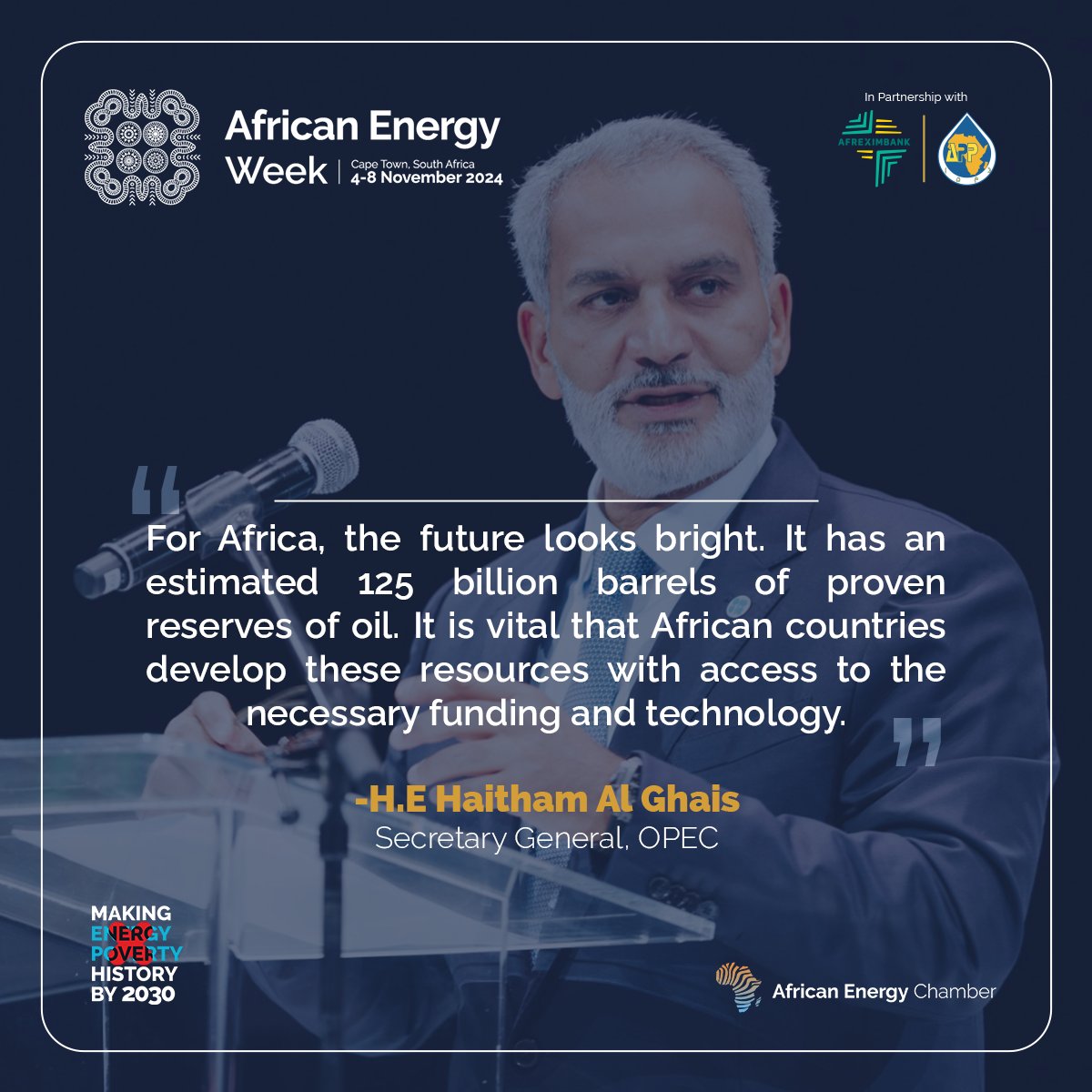 Real_AEW's tweet image. Speaking at #AEW2024, @OPECSecretariat Secretary General H.E. Haitham Al Ghais captured the heart of Africa’s energy opportunity:
“Africa has an estimated 125 billion barrels of proven oil reserves. Developing these resources requires access to funding, technology, and…