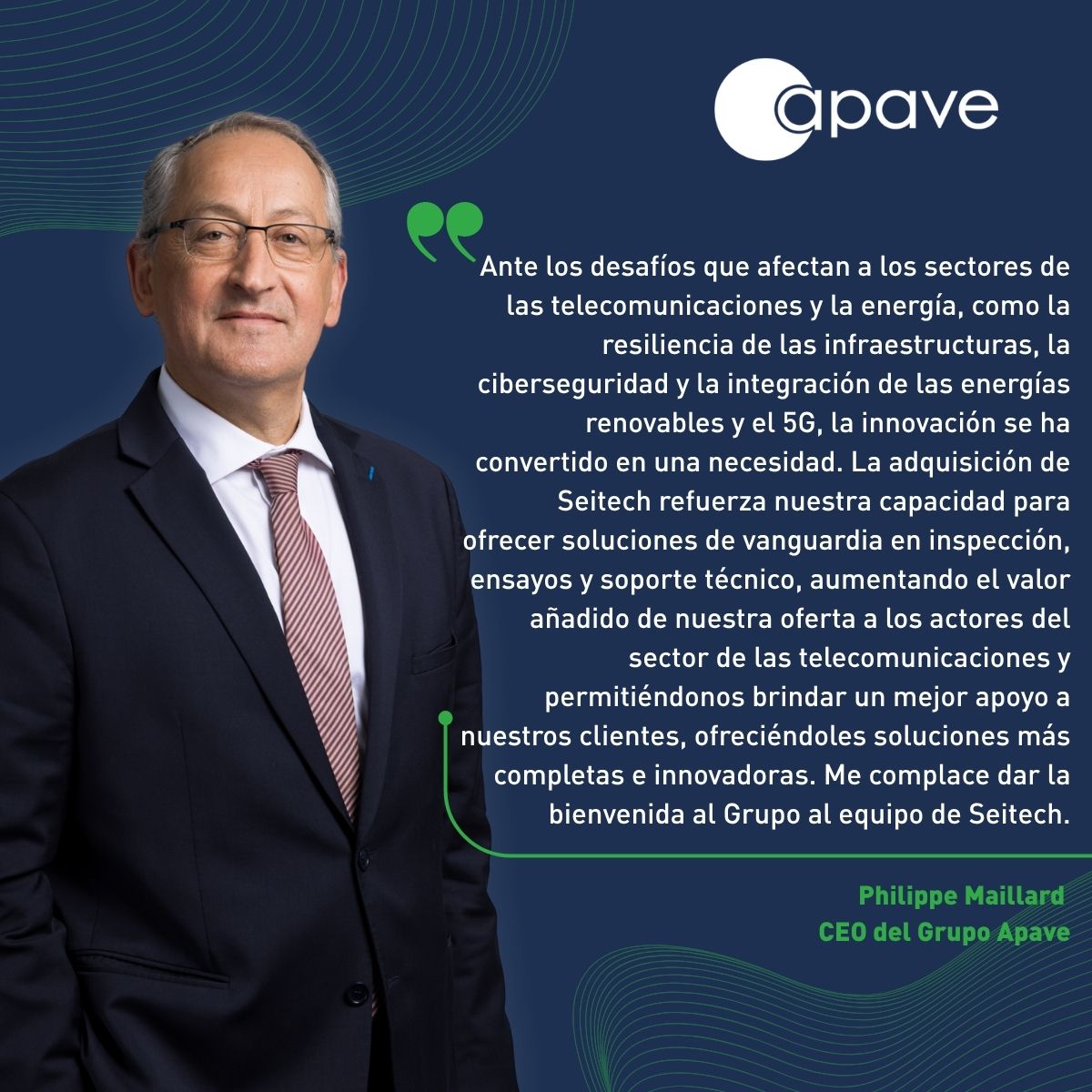 apave_spain's tweet photo. [#CrecimientoExterno] Apave anuncia la adquisición de Seitech, empresa española que ofrece soluciones tecnológicas e innovadoras para operaciones sobre el terreno en toda la Península Ibérica.

Descubre la nota de prensa: https://t.co/qpq6yh9eec

#GestiónDeRiesgos #Adquisición https://t.co/RQ1q3CDUKw