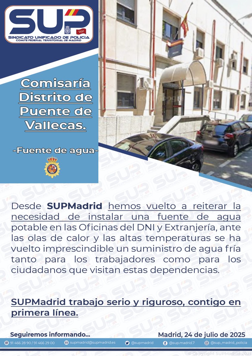 supmadrid's tweet image. 🚨Con olas de calor y temperaturas extremas, no tener agua potable en dependencias policiales es inaceptable.
Lo hemos pedido y lo seguiremos exigiendo,hablamos de mínimos para la salud laboral.
#SUPMadrid no baja la guardia
#SupInfraestructurasDignas #TuSeguridadNuestraPrioridad
