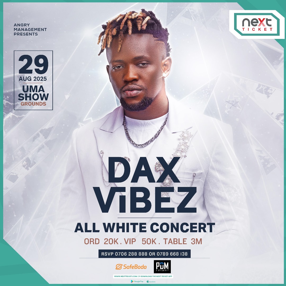 NextTicketug's tweet image. Get ready to vibe out in style! Join @Daxvibes at the UMA Show Grounds on August 29th for an unforgettable All White Concert!

Tickets available now on Next Ticket: nextticket.com/events/daxx_vi…. 

#DaxVibezAllWhiteParty #NextTicketUG