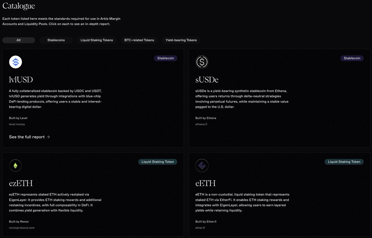 ArkisXYZ's tweet image. 📢 Arkis now has a public collateral page: arkis.xyz/whitelisted-as…
Each token listed meets our standards for use in Arkis margin accounts & liquidity pools. The list is ever-growing and actively maintained.
Whether you're a protocol interested in listing your asset, or an LP…