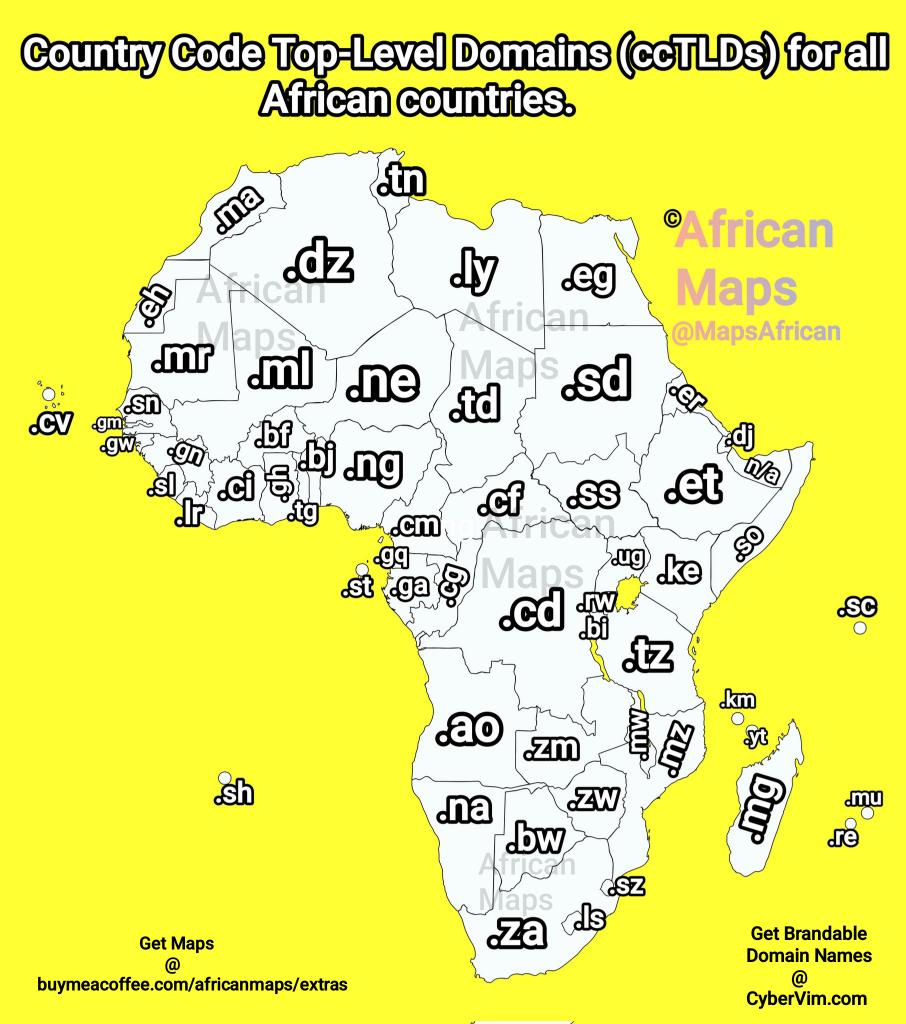 MapsAfrican's tweet image. Benin 🇧🇯, Djibouti 🇩🇯, Burkina Faso 🇧🇫, and Cape Verde 🇨🇻 have the most unique domain extensions in the world.
Map shows the country code top-level domains (ccTLDs) for all African countries.
