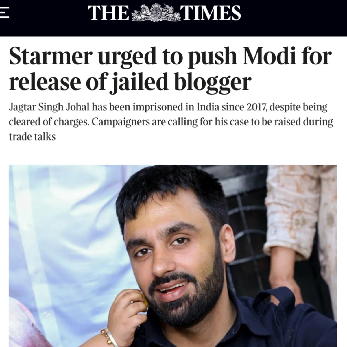SikhPA's tweet image. The current visit of Indian Prime Minister Narendra Modi to the UK is the &quot;perfect&quot; time for UK Prime Minister Keir Starmer to raise the case of Scottish Sikh political prisoner #JagtarSinghJohal, according to #FreeJaggiNow lead @GSJohal85.

Read more:
thetimes.com/uk/scotland/ar…