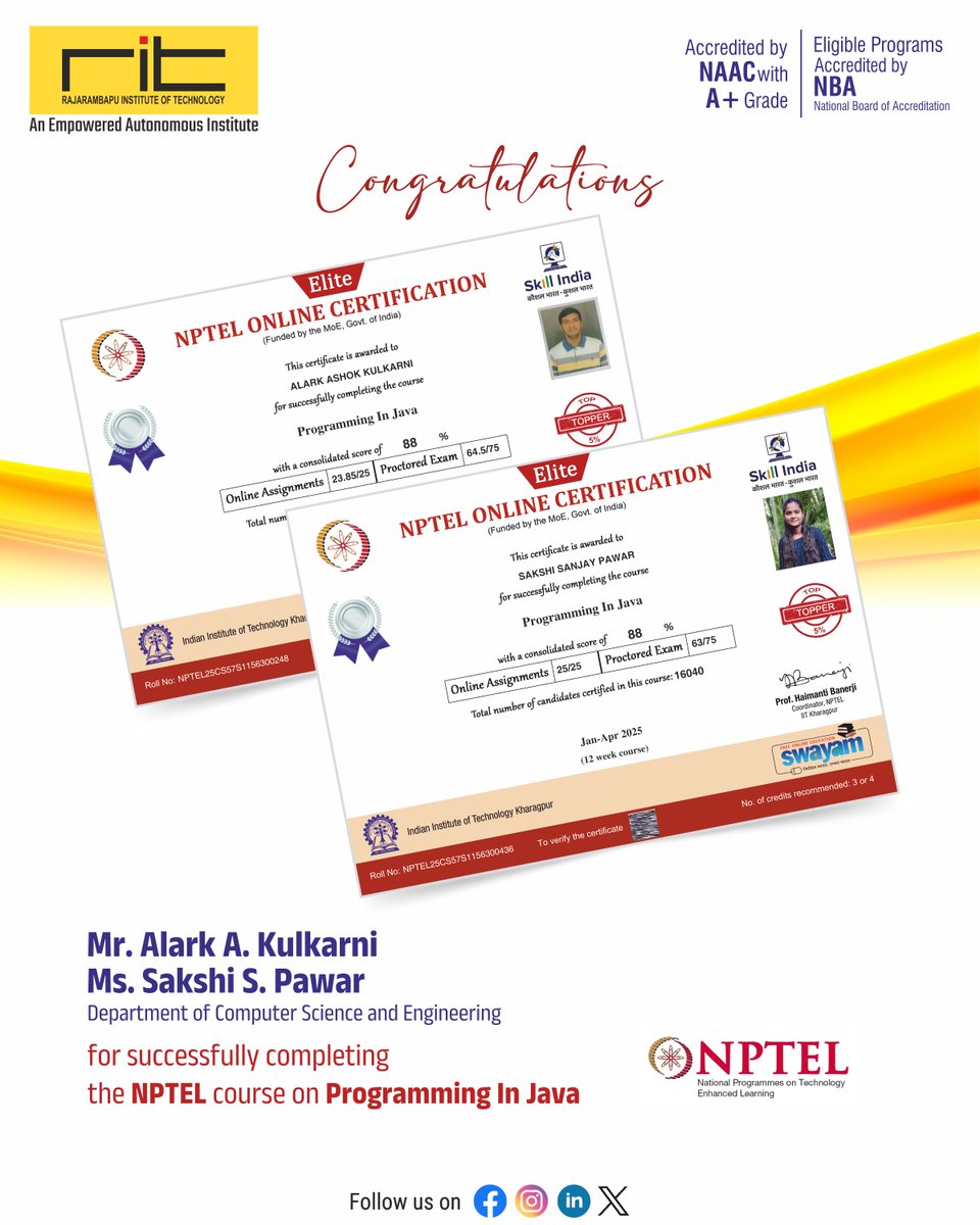 ritindia1983's tweet image. 🎉 Congrats to Alark Ashok Kulkarni &amp;amp; Sakshi Sanjay Pawar from CSE Dept. for topping the NPTEL Programming in Java course with an amazing 88%! 🏆💻

Your hard work makes us proud! 🚀👏

#RITRajaramnagar #CSEDept #NPTELToppers #JavaProgramming #ProudMoment