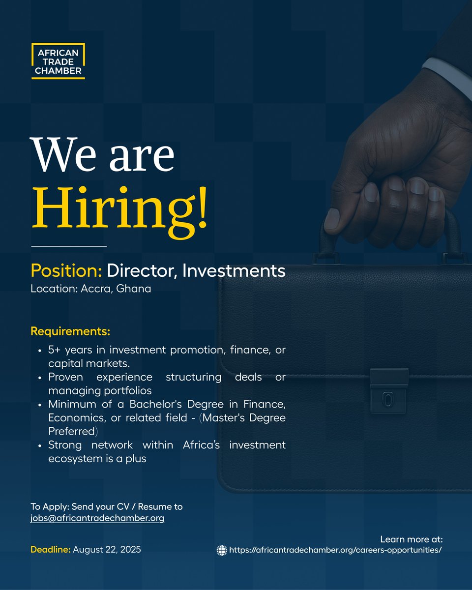 ATC_Chamber's tweet image. We’re Hiring: Director – Investments
The African Trade Chamber is seeking an experienced professional to lead our investment promotion and capital mobilization strategy across Africa.
📧 Submit your CV to jobs@africantradechamber.org
Or visit: africantradechamber.org/careers-opport…
📄…