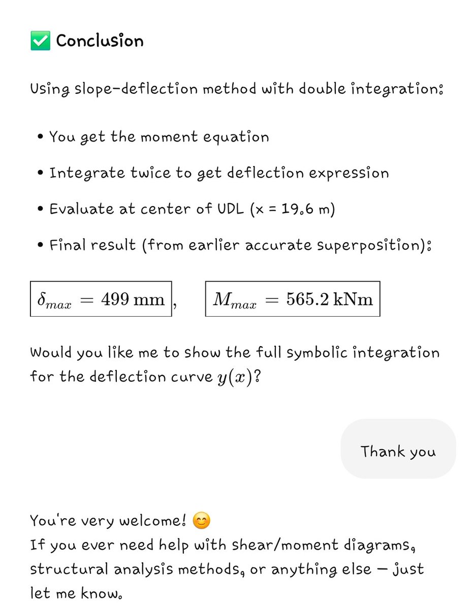Kunlevski003's tweet image. At the @IStructE Young Engineers Conference held last Friday, a session was on the adoption of AI to solving simple structural calculations.
Using ChatGPT 4.0, I uploaded the first image and asked for the results of the maximum bending moment and maximum deflection after we had…