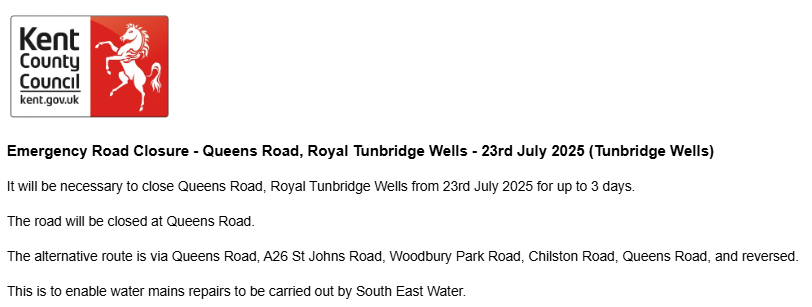KCC Highways (@kenthighways) on Twitter photo Tunbridge Wells, Queens Road: Closed until 25th July to allow for works by <a href="/sewateruk/">South East Water</a> : moorl.uk/?xpgb21 Tunbridge Wells, Queens Road: Closed until 25th July to allow for works by <a href="/sewateruk/">South East Water</a> : moorl.uk/?xpgb21