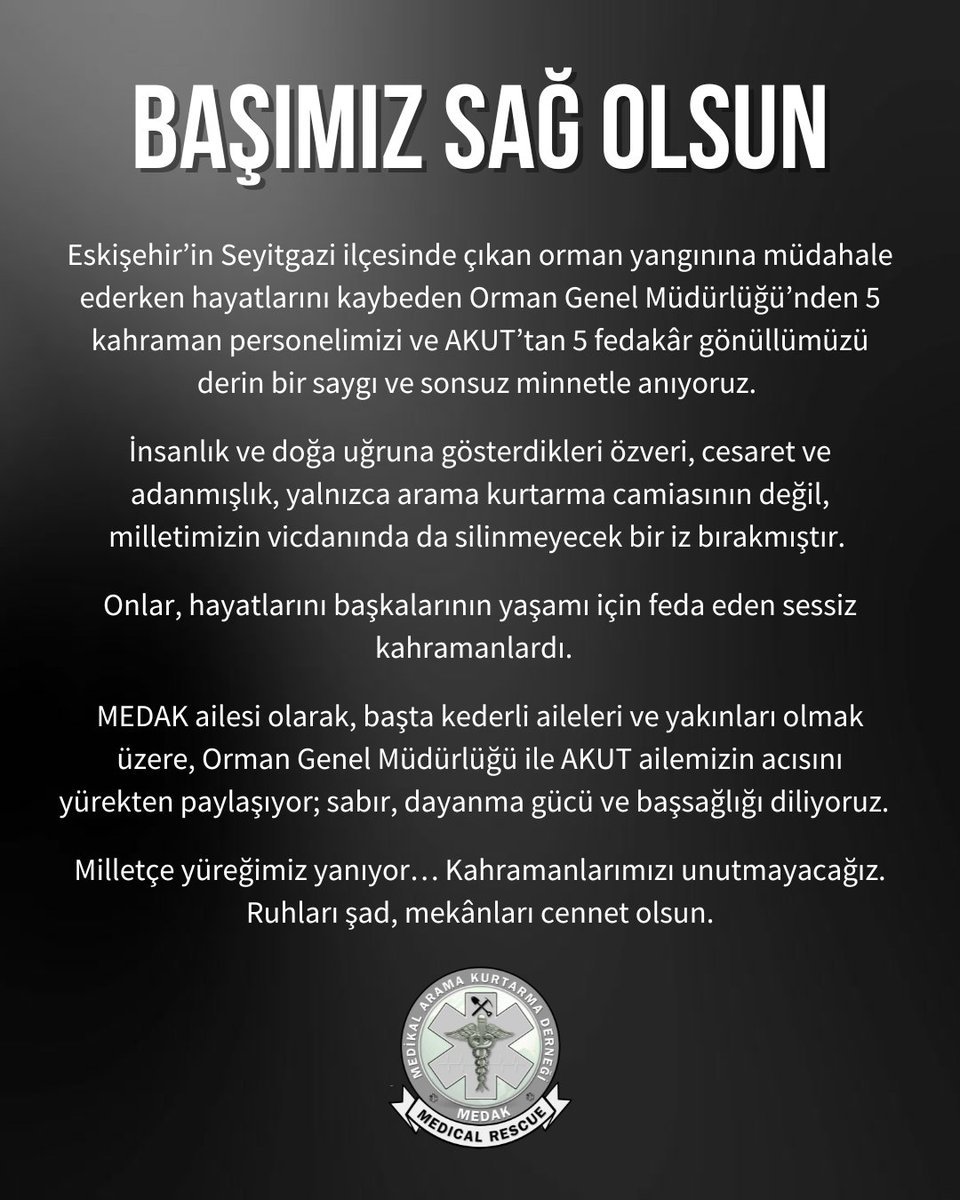 Eskişehir’in Seyitgazi ilçesinde çıkan yangına müdahale ederken 10 orman emekçimizin hayatını kaybettiği haberini derin bir üzüntüyle öğrendik.

Hayatını kaybeden kahramanlara Allah’tan rahmet, ailelerine, yakınlarına ve tüm ülkemize sabır ve başsağlığı diliyoruz.