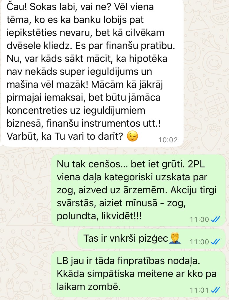 guntarsv's tweet image. Man iet ļoti labi.
Bet ir pārdomas par Latvijas ekonomisko virzienu. Uzraksta mans sens kolēga, banku cilvēks, un atkal žēlojas. Cik var?l žēloties?🤨
Varbūt tiešām nevajag čurāt pret vēju un darām kā mūsu tauta vēlas:
1) Švoņģeri (Šuvajevu) par prezidentu, Briškenu par…