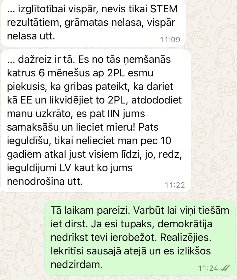 guntarsv's tweet image. Man iet ļoti labi.
Bet ir pārdomas par Latvijas ekonomisko virzienu. Uzraksta mans sens kolēga, banku cilvēks, un atkal žēlojas. Cik var?l žēloties?🤨
Varbūt tiešām nevajag čurāt pret vēju un darām kā mūsu tauta vēlas:
1) Švoņģeri (Šuvajevu) par prezidentu, Briškenu par…
