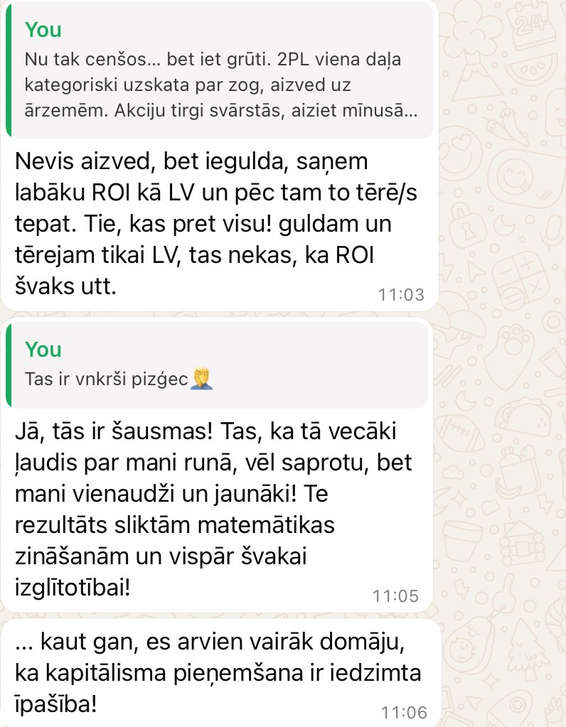 guntarsv's tweet image. Man iet ļoti labi.
Bet ir pārdomas par Latvijas ekonomisko virzienu. Uzraksta mans sens kolēga, banku cilvēks, un atkal žēlojas. Cik var?l žēloties?🤨
Varbūt tiešām nevajag čurāt pret vēju un darām kā mūsu tauta vēlas:
1) Švoņģeri (Šuvajevu) par prezidentu, Briškenu par…