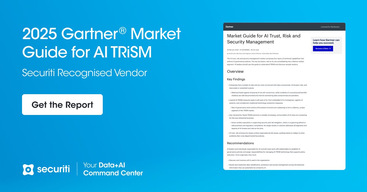 80% of AI breaches will stem from internal oversharing or policy violations.
 
The Gartner 2025 AI TRiSM Guide covers risk scoring, policy enforcement &amp; shadow AI visibility.
 
See why Securiti named a Representative Vendor 🔗 buff.ly/eHehol9 
 
#AITRISM #AIGovernance