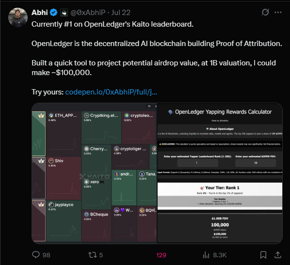 ManavG (@manavvgg) on Twitter photo Abhi might seriously be sitting on a six-figure bag from his <a href="/OpenledgerHQ/">Openledger</a> drops 👀
He built this tool to track how much value his content generated and the numbers? Kinda wild.
Even if it’s a little off, he’s still way ahead of most of us.
This isn’t your usual “AI x crypto” Abhi might seriously be sitting on a six-figure bag from his <a href="/OpenledgerHQ/">Openledger</a> drops 👀
He built this tool to track how much value his content generated and the numbers? Kinda wild.
Even if it’s a little off, he’s still way ahead of most of us.
This isn’t your usual “AI x crypto”