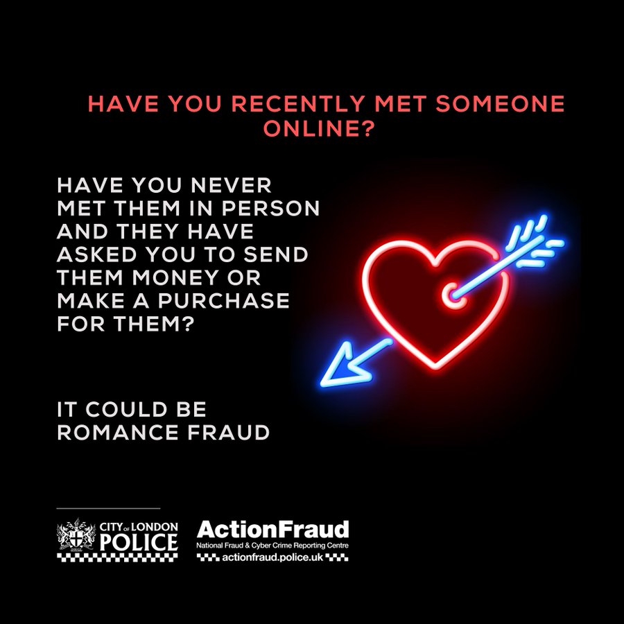 💔Criminals will do their research and mould themselves into your perfect match. If they’re telling you to keep your relationship private, to hide it from friends and family, they might not be who they say they are.

🔎Spot the signs of #RomanceFraud actionfraud.police.uk/a-z-of-fraud/d…
