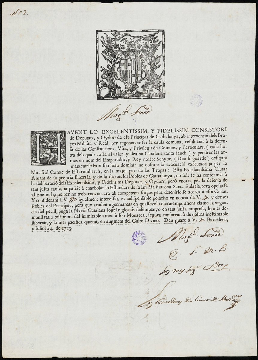 El 25 de juliol de 1713 es va iniciar el setge de Barcelona. Els consellers de la ciutat publicaren aquesta resolució per prendre les armes, en defensa de les constitucions i privilegis, traient l'estendard de Santa  Eulàlia
(Top.: F.Bon. 7022)
#DivendresHistòria