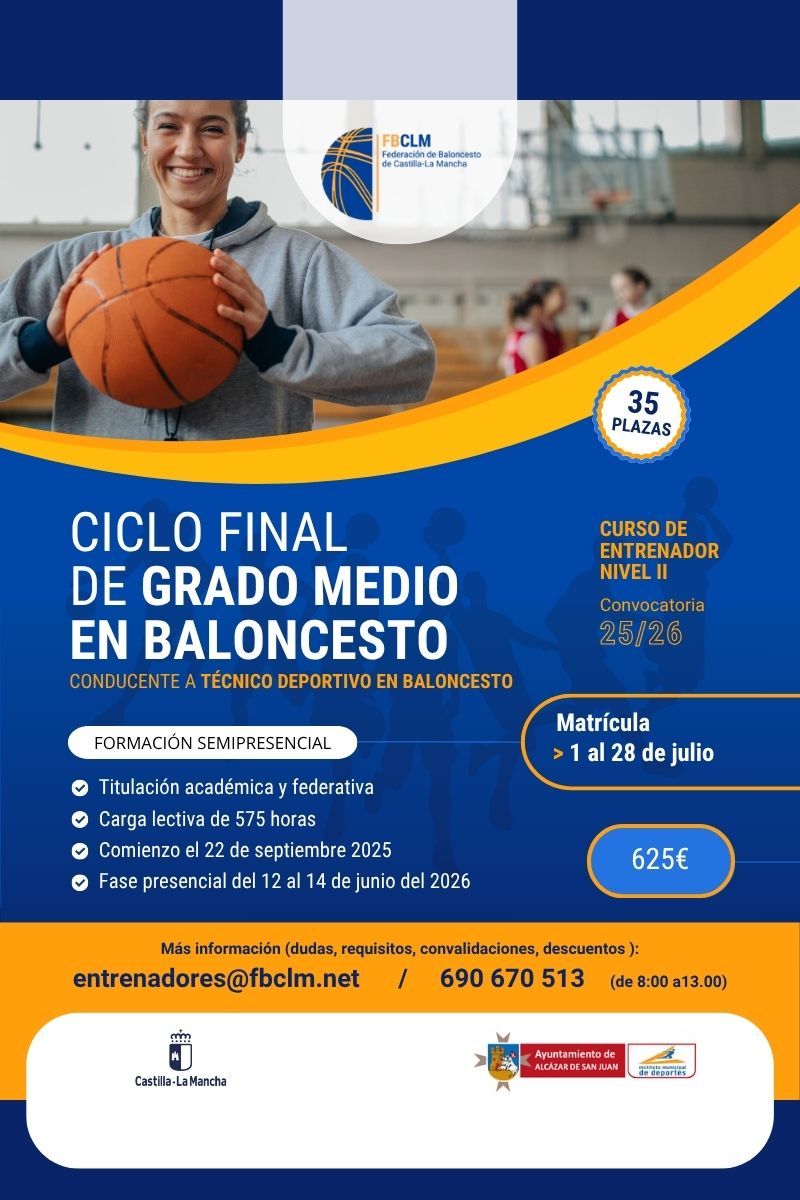 fbclm's tweet image. #FormaciónFBCLM 📚 | 🚨La FBCLM Convoca el Curso Oficial de Entrenador. Ciclo Final de Grado Medio en Baloncesto (Nivel II Federativo).
✍️INSCRIPCIONES: Hasta el 28 de Julio de 2025.
📅Inicio 22 Septiembre
📖575 horas
Toda la INFO👇👇
📰 fbclm.net/formacion-fbcl…
#PasionXBasketCLM