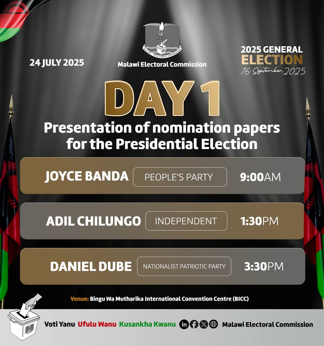 MalawiGovt's tweet image. Three presidential candidates will today submit their nomination papers to Malawi Electoral Commission (MEC) at the Bingu Convention Centre (BICC) in Lilongwe, for the September 16, elections.