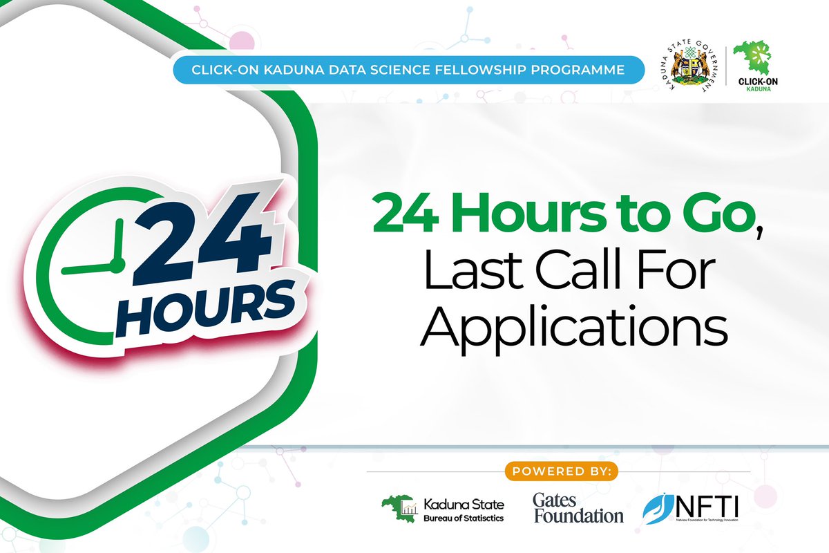 You have 24 hours left to be part of one of the world’s most impactful data science fellowships.
Finish your application and take a major step toward a future in data, innovation, and public service.
📍 Deadline: Friday, July 25
Apply now : datascience.click-onkaduna.ng/home