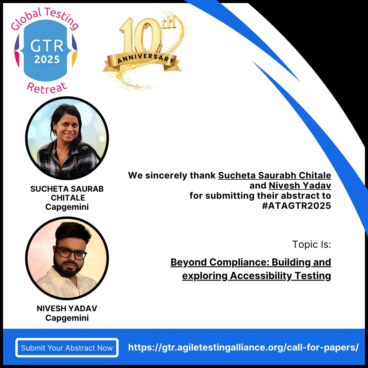 Agile Testing Alliance (@agiletalliance) on Twitter photo Thank you, Sucheta Saurabh Chitale, Nivesh  for your abstract on Beyond Compliance: Building and exploring Accessibility Testing
#ATAGTR2025 Call for Papers is live until July 31. 
Details at gtr.agiletestingalliance.org Thank you, Sucheta Saurabh Chitale, Nivesh  for your abstract on Beyond Compliance: Building and exploring Accessibility Testing
#ATAGTR2025 Call for Papers is live until July 31. 
Details at gtr.agiletestingalliance.org
