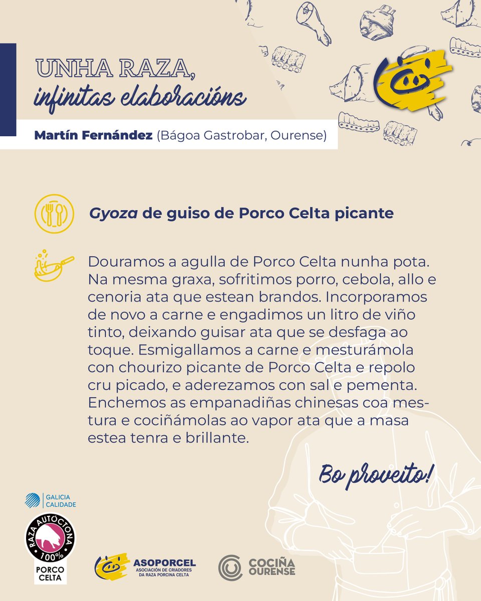 😋🐽 𝗥𝗘𝗖𝗘𝗜𝗧𝗔𝗦 𝗖𝗢𝗡 𝗣𝗢𝗥𝗖𝗢 𝗖𝗘𝗟𝗧𝗔 😋🐽

🥟 Gyoza de guiso de Porco Celta picante
👨‍🍳 Martín Fernández (Bágoa Gastrobar, Ourense)

✅ Seguimos demostrando que dunha raza, infinitas elaboracións!

#PorcoCelta #InfinitasElaboracións
