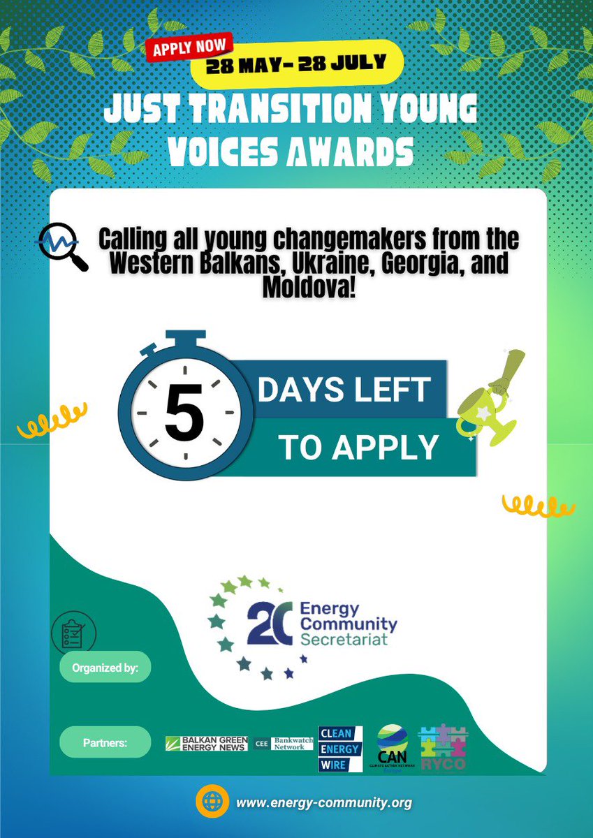 Only 5 days left! 
Are you 18–30 and from the #WesternBalkans, #Ukraine, #Georgia, or #Moldova? 
Share how your community is navigating the green transition 🌱 
🏆 Win an internship, field mission, or journalism training 
🗓️ Deadline: 28 July 
👉 energy-community.org/secretariat/su…