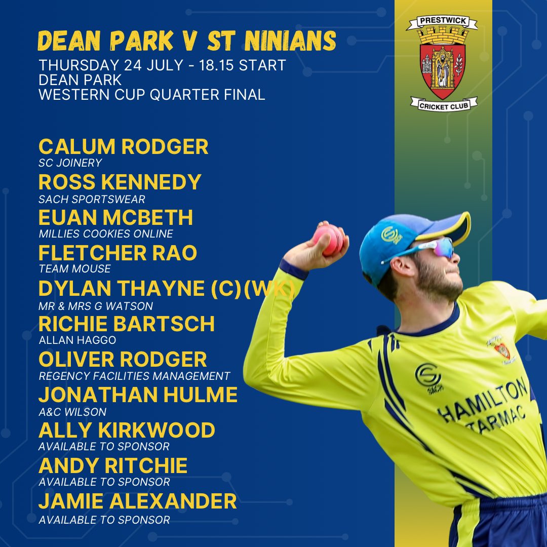 TEAM NEWS

St Ninians and Dean Park will try again to get the Western Cup Quarter Final completed.

Live score: wdculive.com/match/137111-7…

#MTW