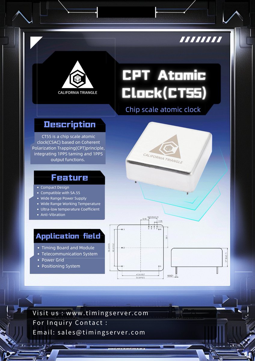 CalTriangle_'s tweet image. Based on CPT technology with integrated 1PPS taming/output
Wide operating range: 3.3-5.5V / -40°C to +85°C  
Low power consumption &amp;amp; ultra-low temperature drift  
#CPT #AtomicClock #CSAC 
Visit us : timingserver.com
For Inquiry Contact :
Email: sales@timingserver.com